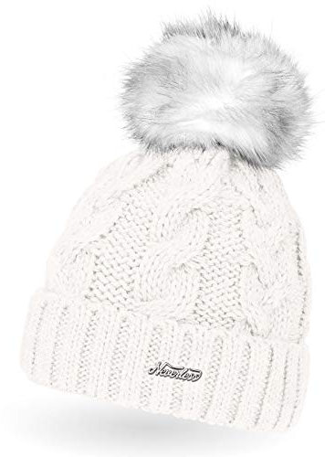Neverless Damen Strick-Mütze gefüttert mit Fell-Bommel, Kunstfell, Winter-Mütze, Bommelmütze, weiß Unisize