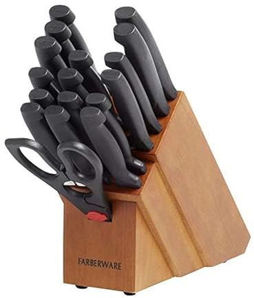 Farberware 5102280 Messerblock-Set mit rutschfesten Griffen, Edelstahl, Schwarz/Natur, 18-teilig