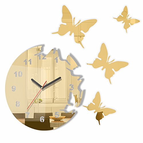 Große Moderne Wanduhr Schmetterling Goldspiegel rund 30cm, 3D DIY, Wohnzimmer, Schlafzimmer, Kinderzimmer