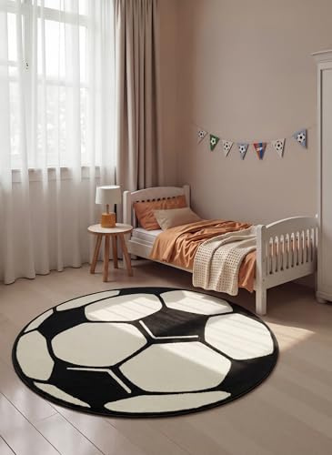Hanse Home PP Fußball Rund Spielteppich – Kinderteppich rutschfest Kurzflor Teppich Fußball-Spielteppich Fußball-Motiv für Schlafzimmer, Kinderzimmer, Spielzimmer – Ø 100cm