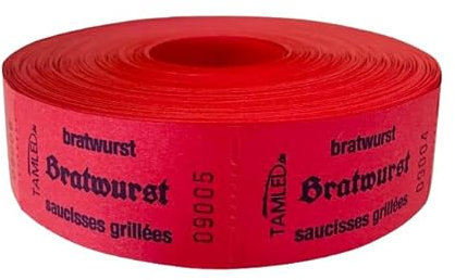 TAMLED Bonrolle BRATWURST rot dreisprachig 1 Rolle mit 1000 perforierten Abrissen fortlaufend nummeriert Gastromarke Festival Getränke Verpflegung Event Firmenveranstaltung Volksfest Verein Wertmarke