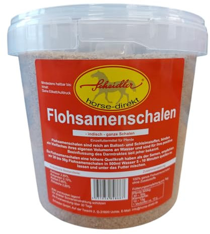 Scheidler horse-direkt 1 kg Eimer Flohsamenschalen indisch, ganz für Pferde, Ponys – Einzelfuttermittel mit viel Ballaststoffen und Schleimstoffen – inkl. Messlöffel