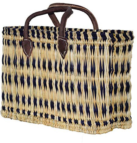 Einkaufskorb aus Seegras I geflochtene Tasche mit Ledergriff I groß mit kurzem Griff I Blau