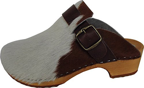 BUXA bei Lusy011 Schweden HOLZ CLOGS - Pantolette Gr.35 BRAUN/Weiss, Echt Leder- Kuhfell (Made in Poland 8.02.13.95)