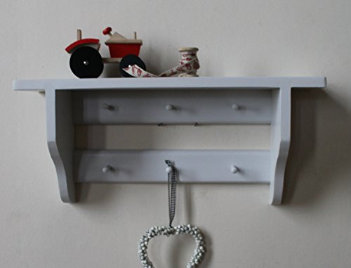 Goodwood Originals Rustic Wooden Shelf Peg Rail Shaker Style Grey Wall Shelving Unit Hallway Keys Rack Rustic Kitchen Storage Baby Room Clothes Rail Pale Grey Jewellery Display Pegboard Shelf