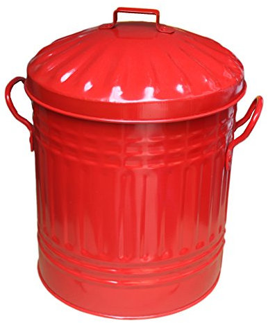 15L Litre Small Metal Rubbish Dustbin / Mini Colour Lidded Storage Bin Bucket (Red)