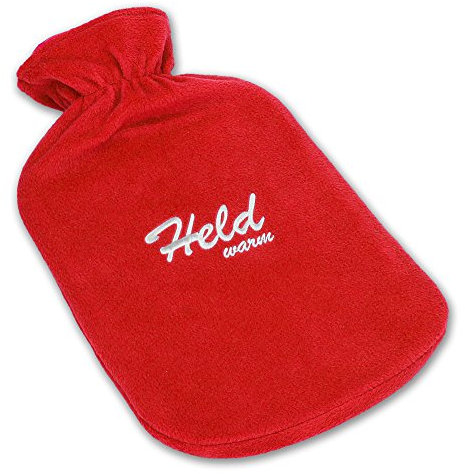 Huerz Wärmflasche mit Spruch 'Held warm' - TÜV-geprüfte Markenqualität - 2 Liter - extra-weicher Vlies-Bezug rot