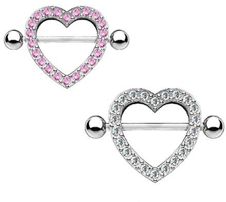 Paula & Fritz® Brustwarzen-Piercing Brustpiercing Frau Maenner Intimpiercing Mann Nippelpiercing Herz Silber Roségold Rand Zirkonia Clear Pink Edelstahl Chirurgenstahl 316L KQ-0011_2er