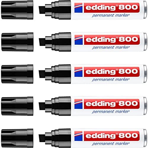 edding 800 permanent marker - black - 5 pens - chisel tip 4-12 mm - for bold markings - waterproof, quick-drying, smear-proof pens - for cardboard, plastic, wood, metal, glass and fabric