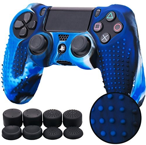 Pandaren® STUDDED Silikon Hülle Anti-Rutsch für PS4 controller x 1 (Tarnung blau) + FPS PRO thumb grips aufsätze x 8