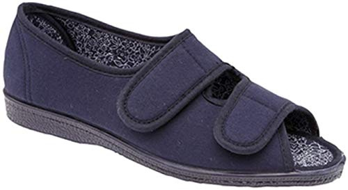 Sleepers Womens Wide Fit Washable Peep Toe Slippers With Touch Fastening Straps Navy (EE Fitting)