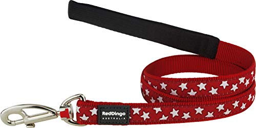 Red Dingo Dog Lead 1.2m Design, Stars White on Red, Size Small (15mm x 1.2m)