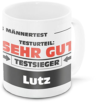 Namens-Tasse Lutz mit Motiv Stiftung Männertest, weiss | Freundschafts-Tasse - Namens-Tasse