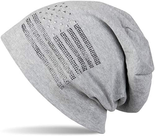 styleBREAKER Beanie Mütze USA Flaggen Design mit Strass-Applikationen, Unisex, Jersey leicht Übergang Frühling Herbst, Farbe:Grau