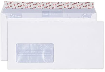 ELCO 38779 Proclima Box mit Deckel und 500 Briefumschläge/Versandtasche, Haftklebeverschluss, 100g, weiss recycl, Fenster: ja C5/6 din lang (229x114mm)