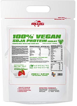 BWG Soja Isolat Protein Shake, 100% (Vegan und Laktosefrei) rein pflanzliches Eiweiss Pulver, Premium Sojaeiweiß, ohne Gentechnik, Strawberry, 1 x 2500 g