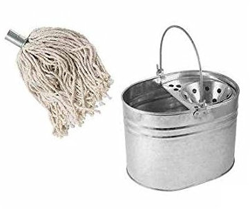 Mop Bucket And 10 Mop Head Set Heavy Duty Metal Galvanized Floor Cleaning Basket 14 LTR