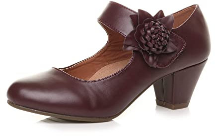 Womens Ladies mid Chunky Heel Mary Jane Flower Padded Comfort Shoes, Dark Bordeaux, 4 UK
