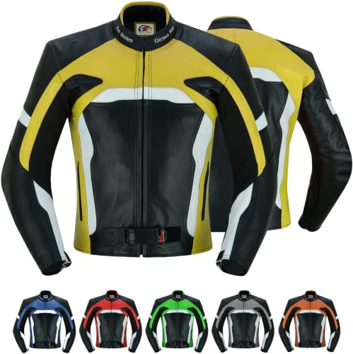 German Wear Herren Motorradjacke Lederjacke mit Protektoren, Frabe:Gelb;Größe:3XL