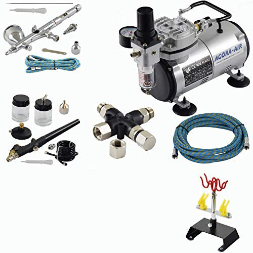 Agora-Tec® Airbrush Komplett-Set EXPERT X.3, Komplettsystem für Airbrushanwendungen, inkl. Kompressor mit 4 bar und 20l/min + 2 Airbrushpistolen mit 0,2 & 0,3 & 0,8mm Nadeln/Düsen + 3-fach Luftverteiler + 4fach-Halter + 2 Schläuche + Adapter