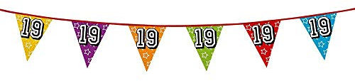 Boland 30019 - Holografische Wimpelkette Zahl 19, 1 Stück, Länge 800 cm, Fahnenkette, Sterne, Hängedekoration, Mehrfarbig, Girlande, Mottoparty, Geburtstag, Jubiläum