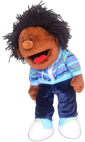 Fiesta Crafts Boy Dark Skin Hand Puppet, Moving Mouth & Arms | Soft & Interactive Toy, Role Play, Creativity & Sensory Skills for Kids