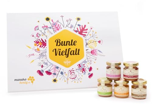 Rüdiger Feldt Bunte Vielfalt Probierset mit 15x50g verschiedenen Honigsorten wie Orangenblüten, Lavendel, Leatherwood, Thymian, Sanddorn, Manuka & viele mehr, ideal zum Probieren & Verschenken