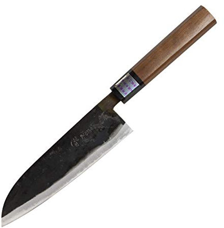 Moritaka Santoku japanisches Kochmesser, traditionell handgeschmiedet, handgemacht Griff aus Walnussholz, Profi Küchenmesser aus Japan, Gemüsemesser mit Holzgriff groß, Aogami II Stahl 17 cm lang