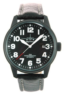 SkyTimer 510605424 Fliegeruhr - Automatik Miyota 8215, Schraubkrone, Edelstahlgehäuse schwarz, Glasboden, 10 ATM wasserdicht, Lederband