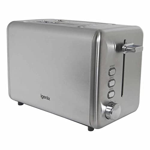 Igenix IG3202 2 Slice Toaster, Deep Slots with Adjustable Browning Control, Slide Out Crumb Tray for Easy Cleaning, Defrost and Reheat Function, Stainless Steel