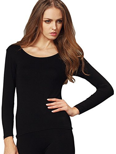 Liang Rou Women's Plain Basic Scoop Neck Stretch Long Sleeve Thermal Top XS-S(6 8 10) 1 Piece Black