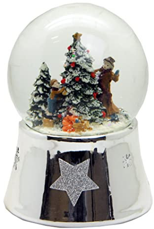Minium Collection 20134 Schneekugel Tannenbaum schmücken mit Silber-Sockel mit Sternen groß mit Spieluhr