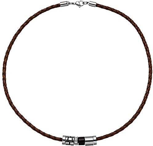 Jobo Herren Collier Halskette Leder braun mit Edelstahl und Holz 45 cm Kette Lederkette