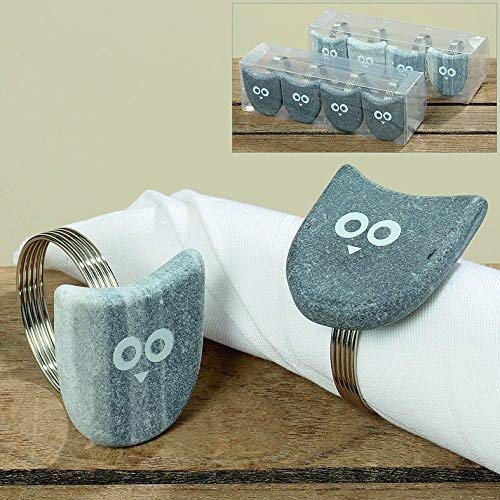 4 Stück Serviettenringe aus Stein und Metall Motiv Eule grau Serviettenhalter Tischdekoration