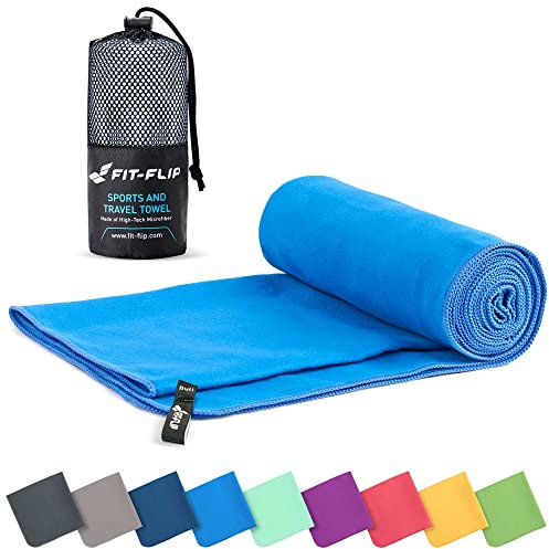 Fit-Flip Microfibre towel - compact, ultra lightweight & quick dry - perfect for gym, travel & beach - swimming towels for sports, camping & hiking (80x160cm blue + bag)