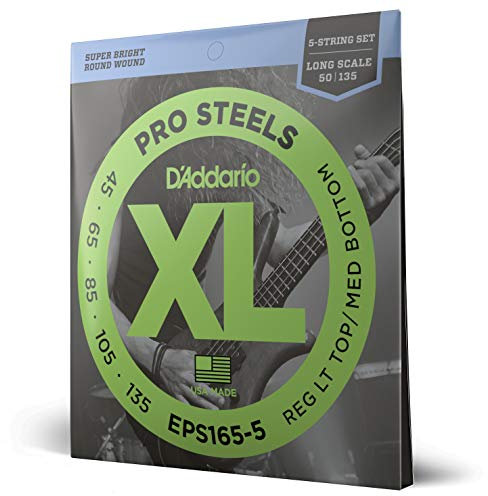 D'Addario Bass Guitar Strings, XL Pro Steels, EPS165-5, Long Scale, Regular Light Top/Medium Bottom Gauge 45-135, juego de 5 cuerdas, paquete de 1