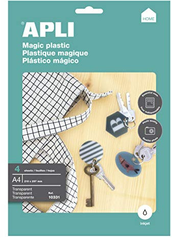APLI 10331 - 4 Feuilles A4 de plastique magique transparent - Activité manuelle - Compatible avec les imprimantes Ink Jet