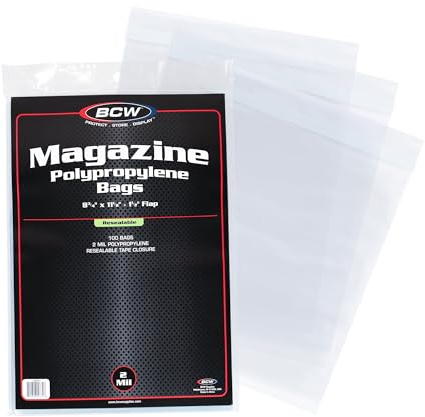 BCW Resealable Magazine Bags - 1 Pack of 100 | Acid-Free, Clear Polypropylene Sleeves for Archival-Quality Storage of Collectible Magazines | Protect and Showcase Your Valuable Comic Book Collection