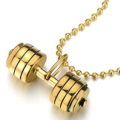COOLSTEELANDBEYOND Gold Langhantel Hantel Anhänger Edelstahl Halskette für Herren Jungen mit 60cm Stahl Kugelkette