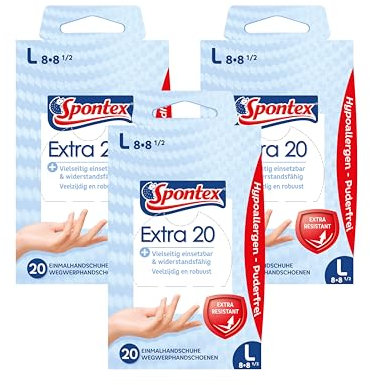 Spontex Extra Einmalhandschuhe aus Vinyl, widerstandsfähig, besonders hautverträglich und puderfrei, in praktischer Spenderbox, Größe L, 3 x 20 Stück
