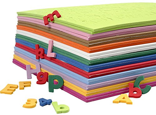 Moosgummi-Buchstaben/Zahlen, H: 20 mm, sortierte Farben, 24sort. Blatt