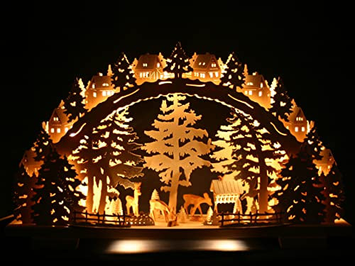 3D Schwibbogen 72cm Wildfütterung im Winter mit geschnitzten Rehen - Handarbeit Erzgebirge