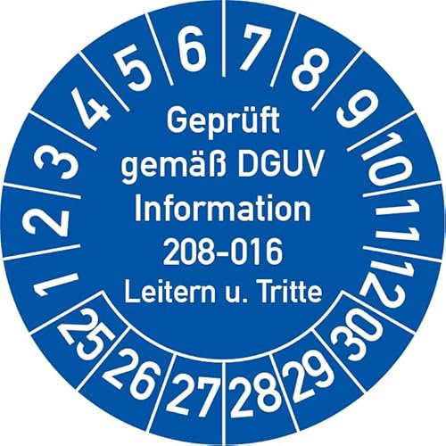 Geprüft gemäß DGUV Information 208-016 Prüfplakette, 100 Stück, in verschiedenen Farben und Größen, Prüfetikett Prüfsiegel Plakette Leitern und Tritte (ehemals BGV D 36) (30 mm Ø, Blau)