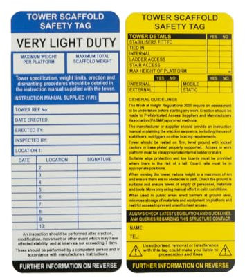 Tower Scaffold Safety Tags, Pack of 50, Polypropylene, W75mm x H180mm