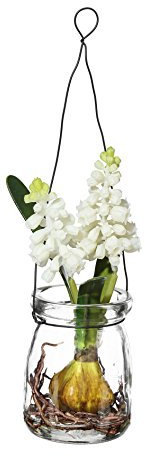 Kunstblumen MUSCARI im HÄNGEGLAS. Ca 15 cm. Traubenhyazinthe im RUNDEN Glas. Weiß, WEISS-40