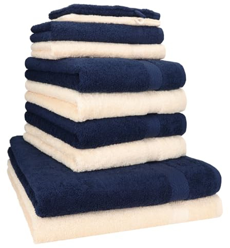 Betz 10-TLG. Handtuch-Set Premium 100% Baumwolle 2 Duschtücher 4 Handtücher 2 Gästetücher 2 Waschhandschuhe Farbe Dunkel Blau & Beige