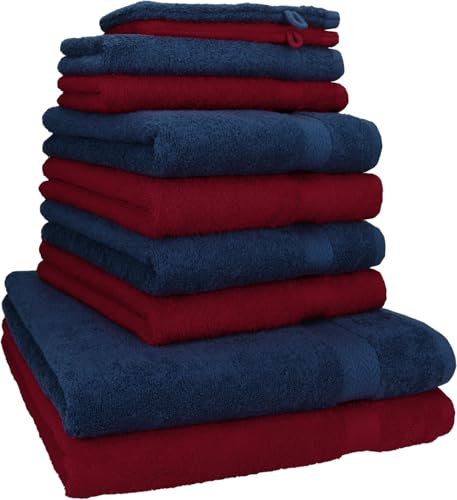 Betz 10-TLG. Handtuch-Set Premium 100% Baumwolle 2 Duschtücher 4 Handtücher 2 Gästetücher 2 Waschhandschuhe Farbe Dunkel Rot & Dunkel Blau