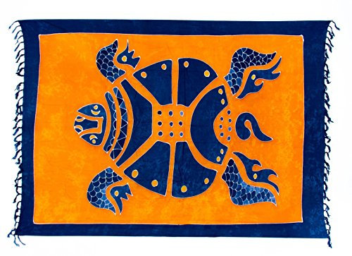 Kascha Sarong Pareo Wickelrock Strandtuch Tuch Wickeltuch Handtuch - Blickdicht - ca. 170cm x 110cm - Orange Blau Batik mit Schildkröte Motiv Handgefertigt inkl. Kokos Schnalle in Rauteform