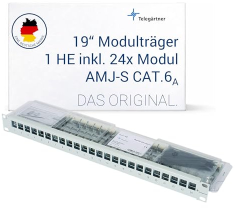 Telegärtner 19 Zoll Modulträger 1HE inkl 24x AMJ-S Cat.6A T568A Module | 19 Zoll Patchpanel 1HE, inkl 24x RJ45 Keystone Modulen, integrierte Kabelabfangung, geerdetes Gehäuse, werkzeuglose Montage