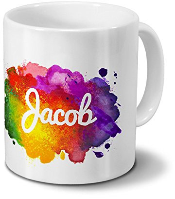 Tasse mit Namen Jacob - Motiv Color Paint - Namenstasse, Kaffeebecher, Mug, Becher, Kaffeetasse - Farbe Weiß
